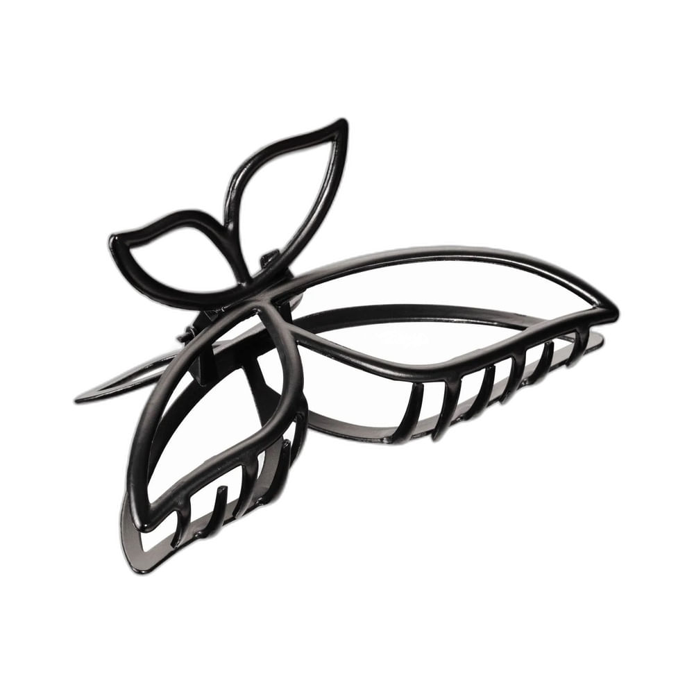 Piranha de cabelo em formato de borboleta, feita de metal com acabamento preto brilhante